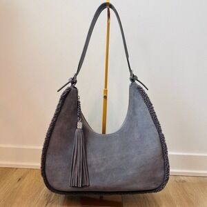 Talbots Grey Suede Hobo Shoulder Bag with Faux Shearling Trim and Tassel Detail